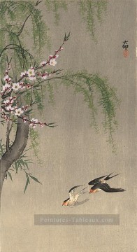  son - deux hirondelles de grange en vol branche de saule et cerise fleurissante au dessus Ohara KOSON Shin Hanga